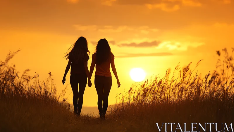 Two women holding hands walking through field at sunset, silhouette style.