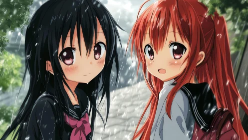 Rain-kissed schoolgirls trade bright smiles beneath soft showers