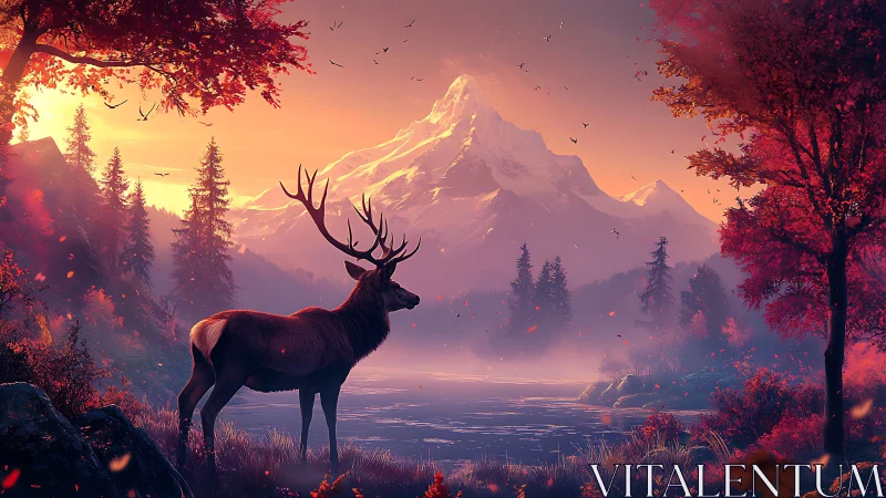 Golden stag pauses by a glowing autumn mountain lake at dawn