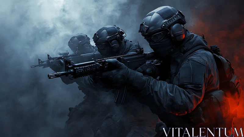 Tactical special forces advance through fog in tense formation