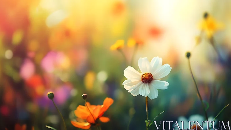 White Cosmos Bloom with Bokeh Garden Depth: Soft Focus Photography.