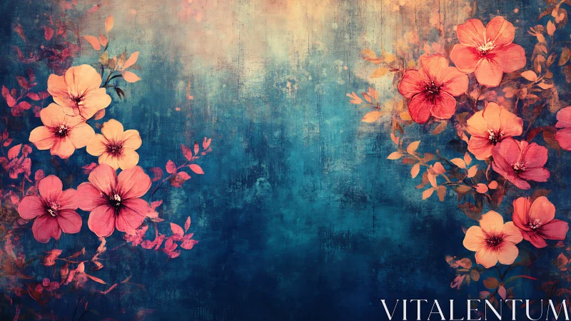 Coral Blossoms Dance Across Moody Blue Canvas