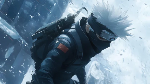 Dynamic anime ninja portrait in icy diagonal composition.