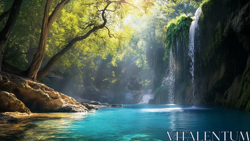 Radiant forest cataract over turquoise plunge basin modeling.