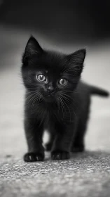 Young black kitten with striking eyes in monochrome portrait.