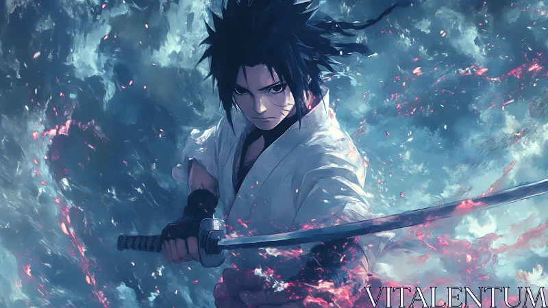 Anime swordsman channels energy in dynamic frontal stance