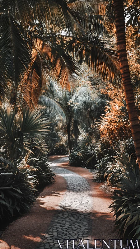Curving stone pathway within dense tropical palm vegetation.