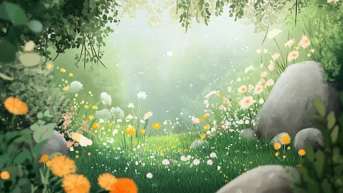 Sunlit wildflower meadow framed by rocks and foliage.