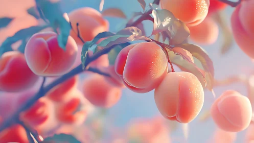 Softly lit ripe peaches rendered with shallow depth of field