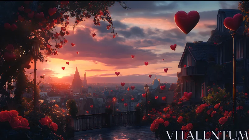 Atmospheric Urban Sunset with Floating Heart Silhouettes and Architectural Framing