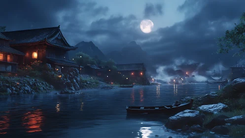 Moonlit riverside village glows softly beneath stormy clouds