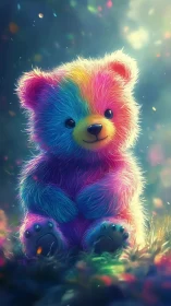 Rainbow-furred dream bear waits quietly in a glowing meadow