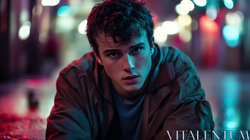 Neon drenched city night cradles a pensive street dreamer.