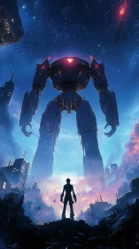 Starlit rebel confronts towering war mech at dawn’s edge.