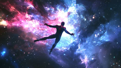 Masked hero drifts weightless through luminous cosmic rift