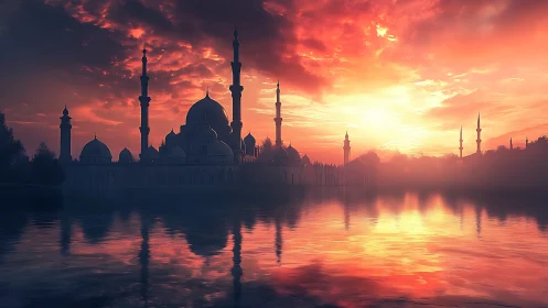 Mosque silhouette glows against blazing crimson sunset sky.