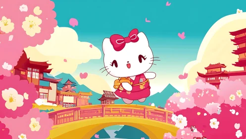 Cartoon cat character on bridge in stylized cherry blossom town.