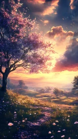 Blossoming hillside tree under radiant golden sunset sky.