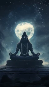 Digital painting of meditative deity silhouetted by lunar halo.