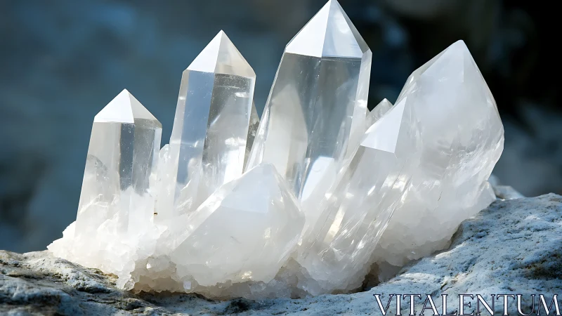 Sunlit clear quartz cluster on textured stone base.