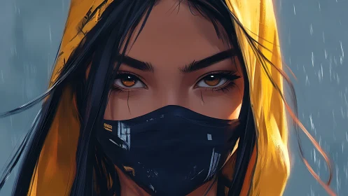 Hooded woman in yellow raincoat with dark face mask.