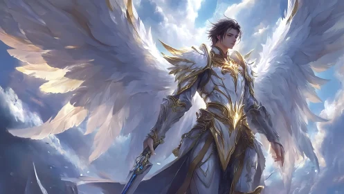 Radiant winged guardian stands calm in glowing storm clouds