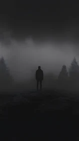Minimalist silhouette in nocturnal foggy forest composition.