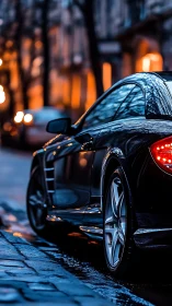 Wet-street coupe with reflective bodywork in evening bokeh cityscape.