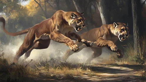 Predatory Ambush: Oil Painting Study of Mountain Lions in Dynamic Motion.