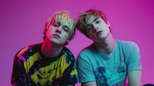 Neon-lit portrait of two youths under magenta teal gels