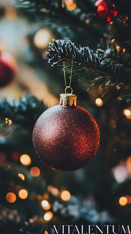 Red Christmas ornament glows against warm festive bokeh.