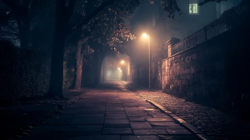 Foggy city street glows under lonely lamps at midnight