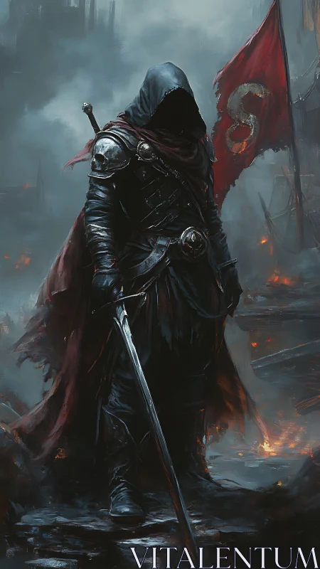 Dark hooded swordsman in ruined battlefield digital painting.