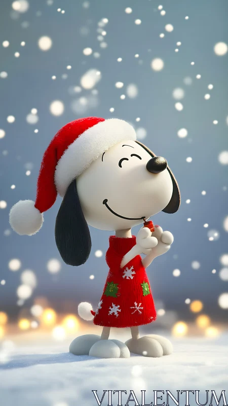 Cartoon dog in red sweater enjoying gentle winter snowfall.