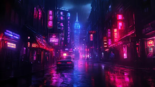 Neon rain drifts through a quiet midnight cyberpunk street.
