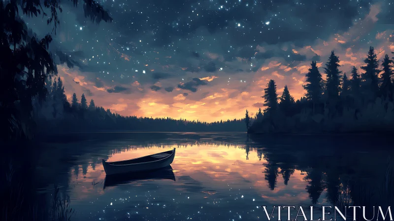 Digital nocturne lake scene with reflective boat symmetry.