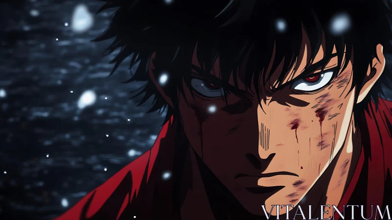 Battle-scarred anime warrior glares forward in harsh snowfall