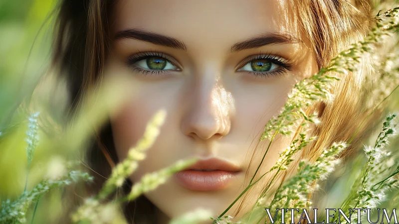 Close portrait of woman’s face framed by tall grasses.