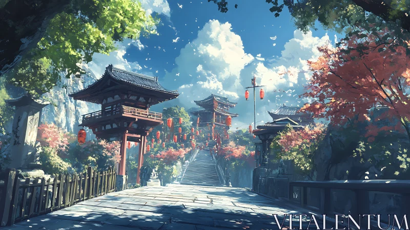 Sunlit temple stairs rise through lanterns and autumn trees