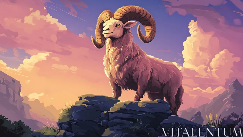 Majestic mountain ram stands proud beneath painted skies.