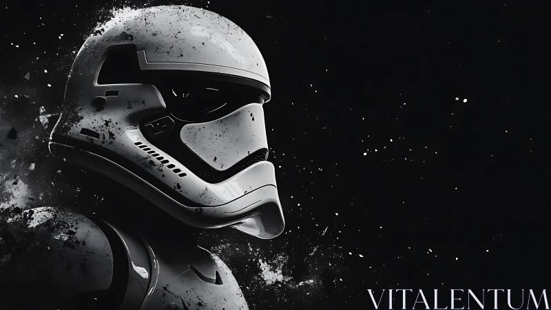 Monochrome sci fi armored helmet portrait with splatter textures