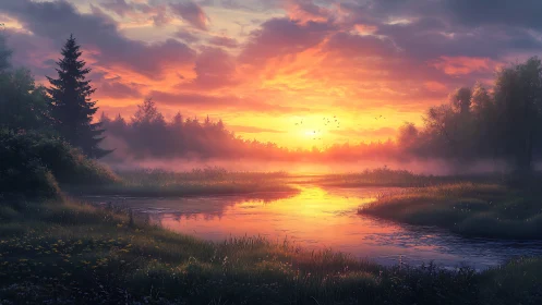 Sunset river bends through misty forest wetland scene.