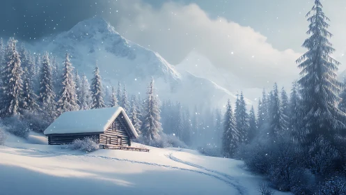 Snow-laden alpine cabin under soft volumetric winter light.