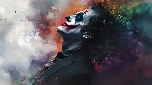 Clown-faced figure in profile amid abstract color clouds.