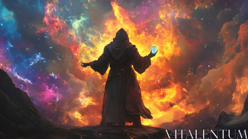 Hooded sorcerer commanding prismatic cosmic inferno.