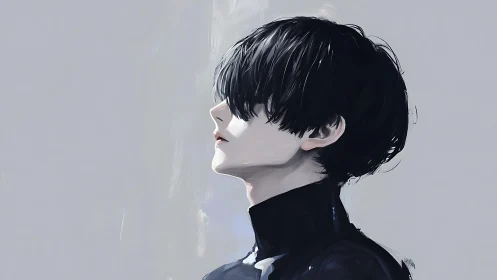 Solitary side profile of pensive boy in muted tones.