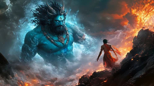 Colossal blue deity confronts lone figure amid fire and mist