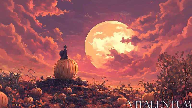 Child silhouetted on pumpkin under luminous harvest moon