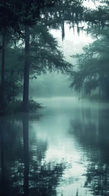 Misty forested river scene shows vertical reflection symmetry