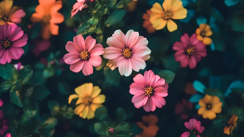 Radiant Cosmos Garden: Where Pink and Gold Blooms Dance.